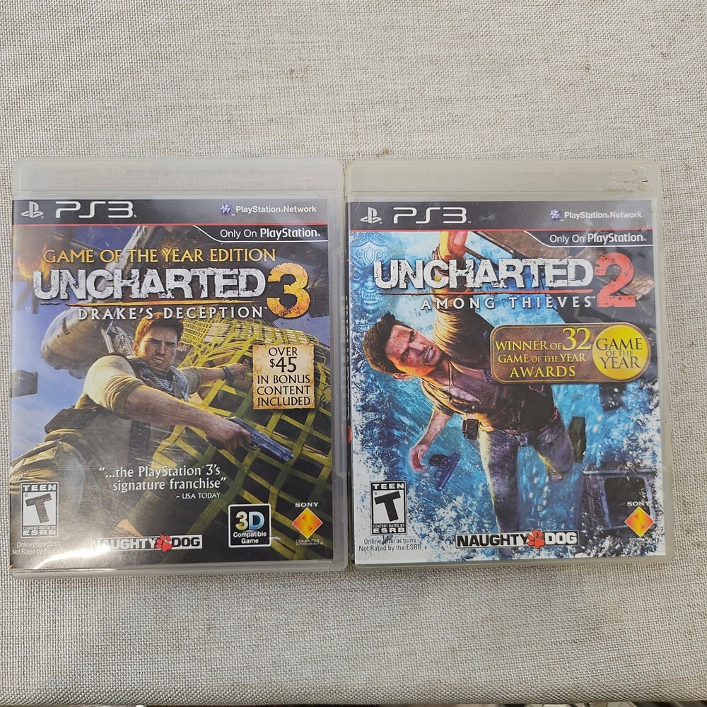 Sony Uncharted 2 & 3 Game Bundle PS3 Blue Ray Multi Action Adventure GOTY Ed Lot